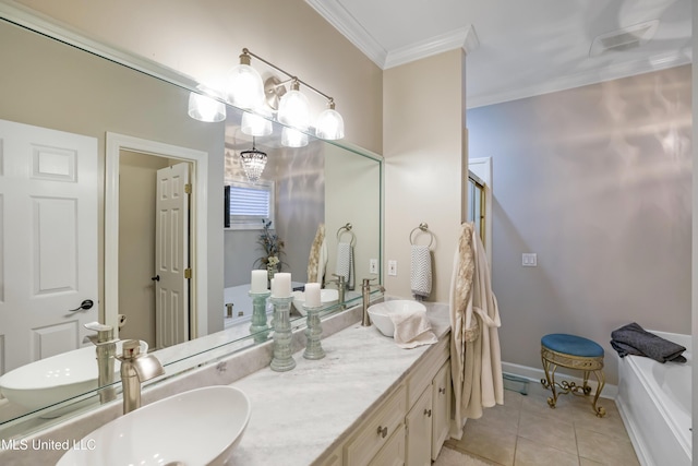 bathroom with tile patterned floors, vanity, and crown molding