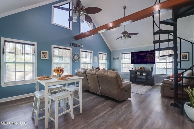11162 New York St, Bay Saint Louis, MS 39520 - living area featuring ceiling fan, baseboards, high vaulted ceiling, dark wood-type flooring, and beam ceiling