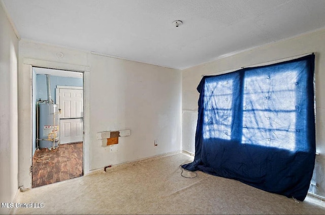 spare room with carpet, crown molding, and water heater