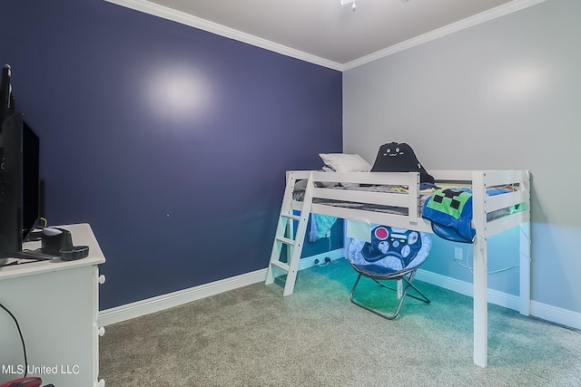 bedroom featuring ornamental molding and carpet flooring