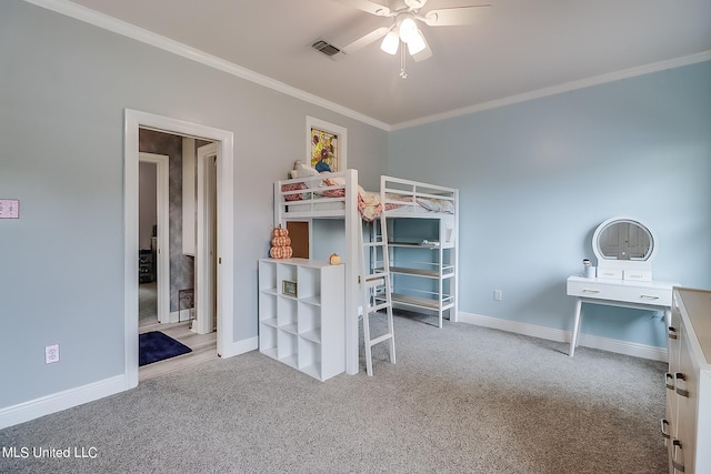 bedroom with crown molding, ceiling fan, and light carpet