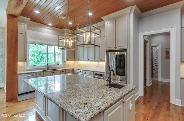 kitchen with appliances with stainless steel finishes, sink, a kitchen island, wooden ceiling, and pendant lighting