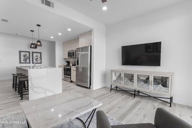 living room featuring sink, ceiling fan, and light hardwood / wood-style flooring