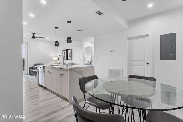 dining space featuring ceiling fan, electric panel, sink, and light wood-type flooring