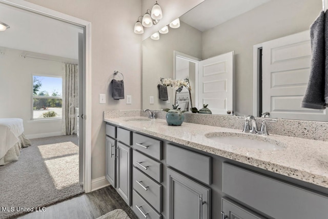 bathroom with vanity and hardwood / wood-style flooring