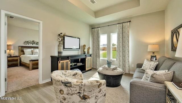 living area with a raised ceiling and light hardwood / wood-style flooring