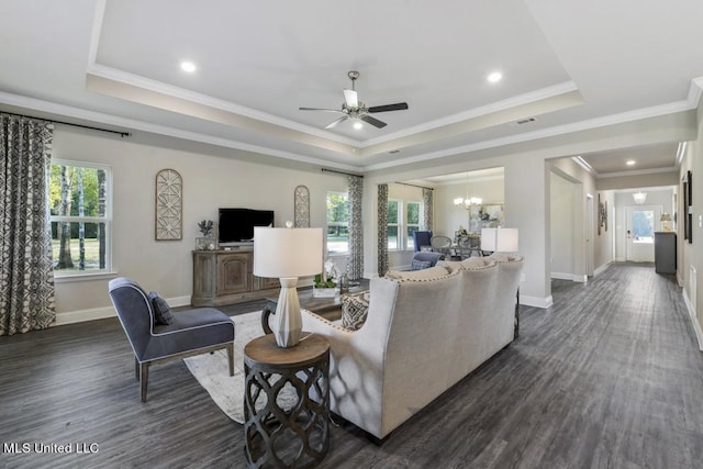 living room with dark hardwood / wood-style floors, a healthy amount of sunlight, and a tray ceiling