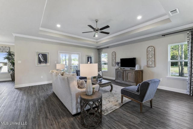 living room with dark hardwood / wood-style flooring, plenty of natural light, a raised ceiling, and french doors