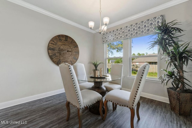 dining area with crown molding, dark hardwood / wood-style flooring, and a notable chandelier