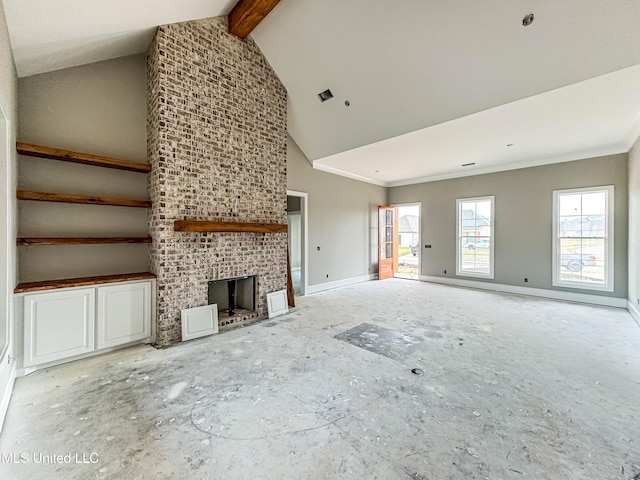 501 Harper Cv, Flowood, MS 39232 - unfurnished living room featuring a fireplace, high vaulted ceiling, baseboards, and beamed ceiling