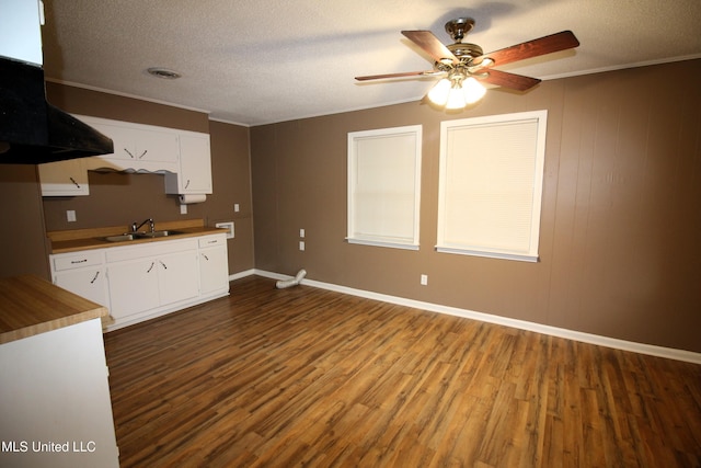 kitchen with range hood, white cabinetry, dark wood-type flooring, and a sink