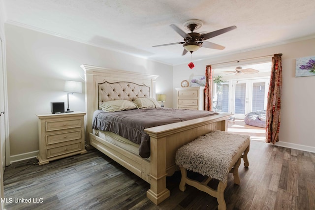 bedroom with ceiling fan, french doors, dark wood-type flooring, and ornamental molding