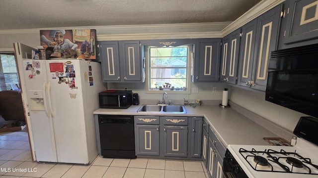 308 Walnut St, Benoit, MS 38725 - kitchen with black appliances, a sink, light tile patterned floors, ornamental molding, and light countertops