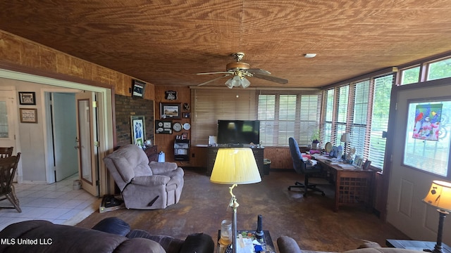 308 Walnut St, Benoit, MS 38725 - living area with wood ceiling, a desk, and a ceiling fan