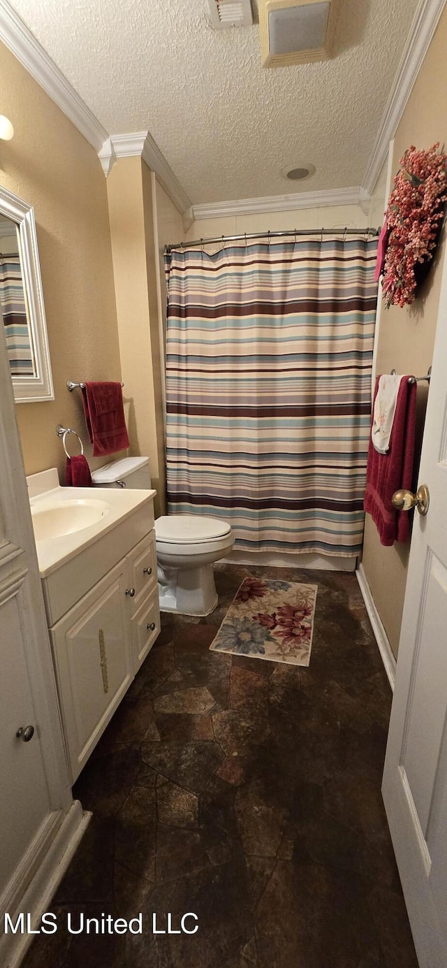 308 Walnut St, Benoit, MS 38725 - bathroom featuring ornamental molding, vanity, a textured ceiling, toilet, and curtained shower