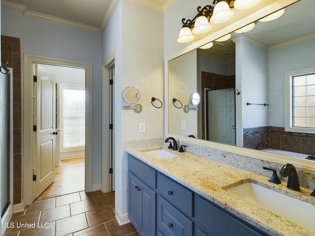 bathroom with separate shower and tub, vanity, tile patterned flooring, and ornamental molding