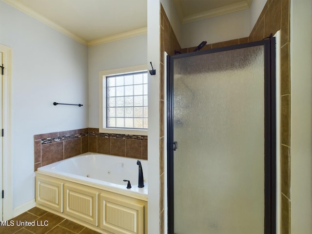 bathroom featuring tile patterned floors, crown molding, and separate shower and tub