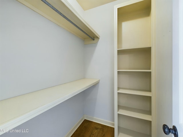 spacious closet with dark hardwood / wood-style flooring