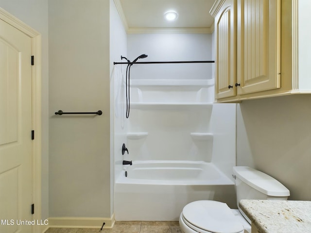 bathroom with toilet, ornamental molding, tile patterned floors, and washtub / shower combination