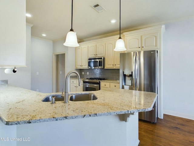 kitchen with appliances with stainless steel finishes, light stone counters, hanging light fixtures, and sink