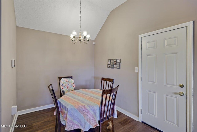 dining area with baseboards, vaulted ceiling, dark wood-style flooring, and a notable chandelier