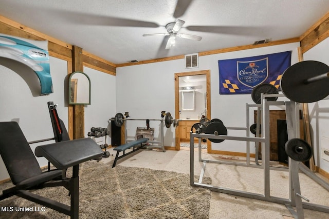 19639 Laterre Dr, Kiln, MS 39556 - workout area featuring ceiling fan, light carpet, and a textured ceiling