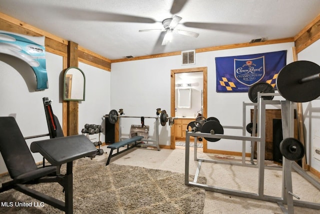 19639 Laterre Dr, Kiln, MS 39556 - exercise room with ceiling fan and carpet floors