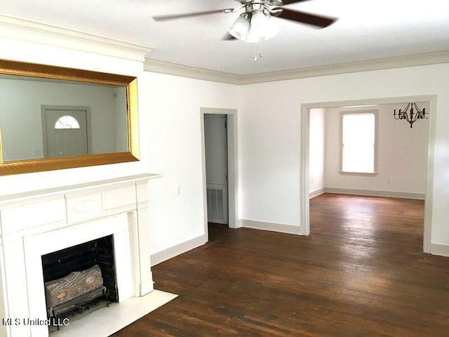 unfurnished living room featuring crown molding, ceiling fan, and dark hardwood / wood-style flooring