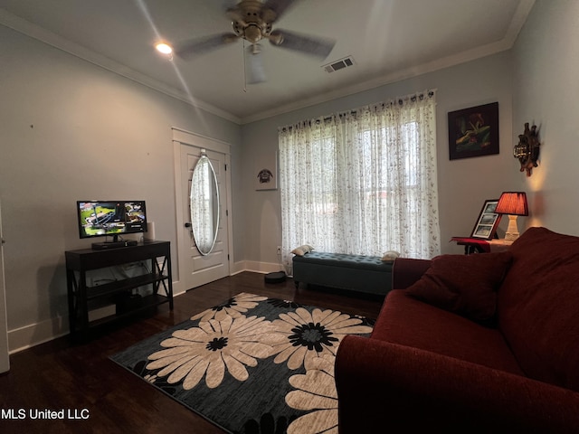 914 39th Ave, Gulfport, MS 39501 - living area with a ceiling fan, baseboards, ornamental molding, and wood finished floors