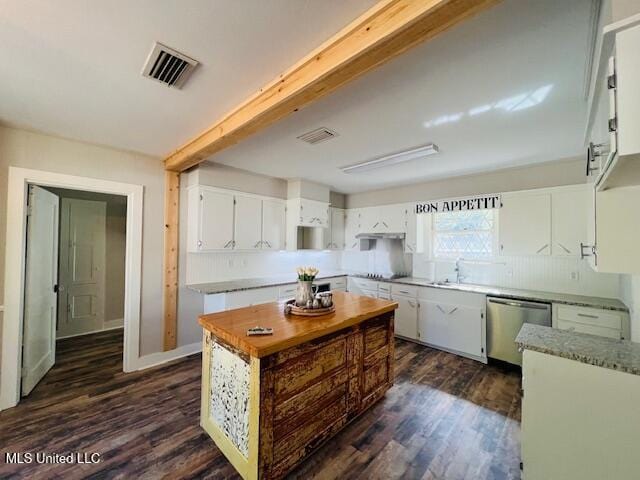 kitchen with white cabinetry, dishwasher, and dark wood-type flooring