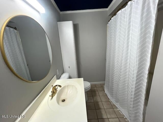 bathroom featuring walk in shower, toilet, ornamental molding, vanity, and tile patterned flooring