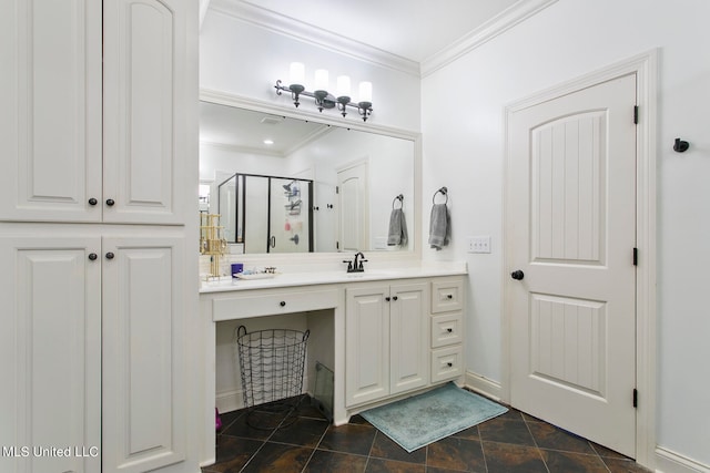 bathroom featuring vanity, ornamental molding, and a shower with shower door