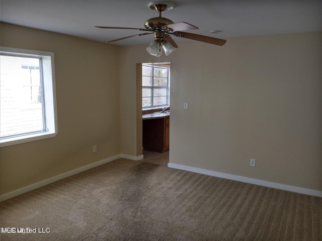 spare room featuring carpet floors, ceiling fan, and a wealth of natural light