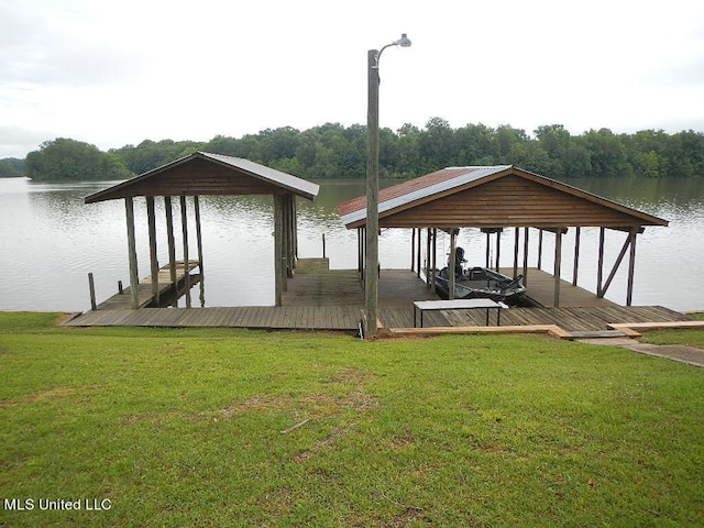 dock area featuring a yard and a water view