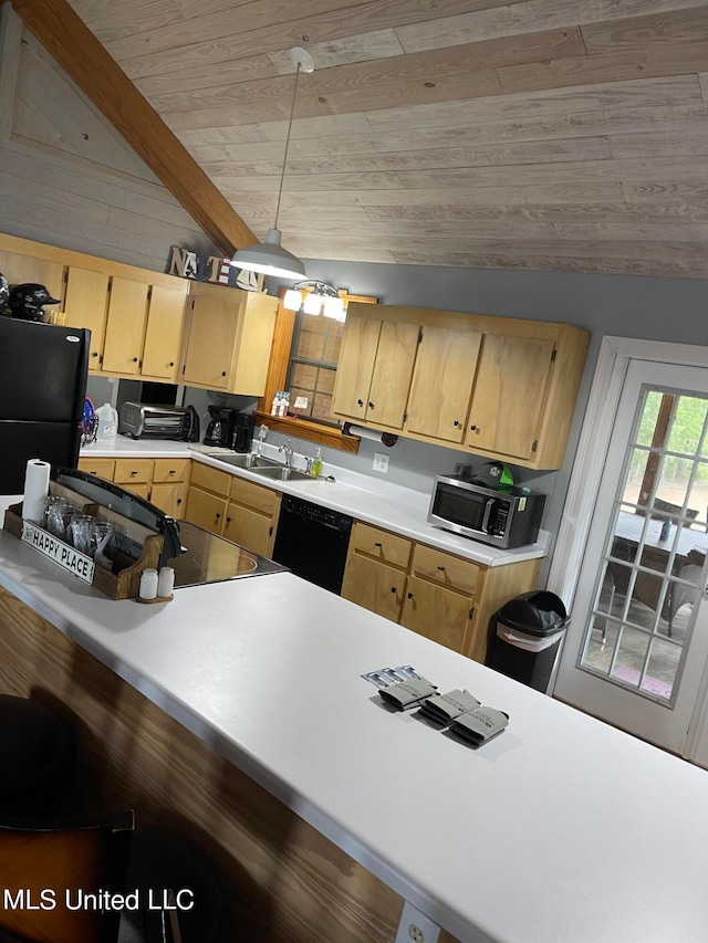 kitchen with sink, black appliances, lofted ceiling with beams, and wooden ceiling