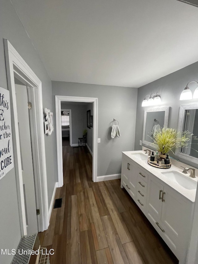 bathroom with vanity and hardwood / wood-style floors