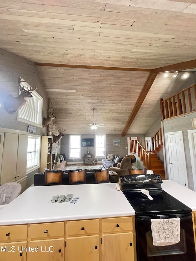 kitchen with ceiling fan, lofted ceiling, electric range, and wood ceiling