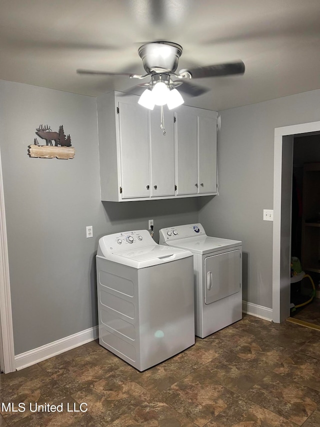 clothes washing area featuring cabinets, separate washer and dryer, and ceiling fan