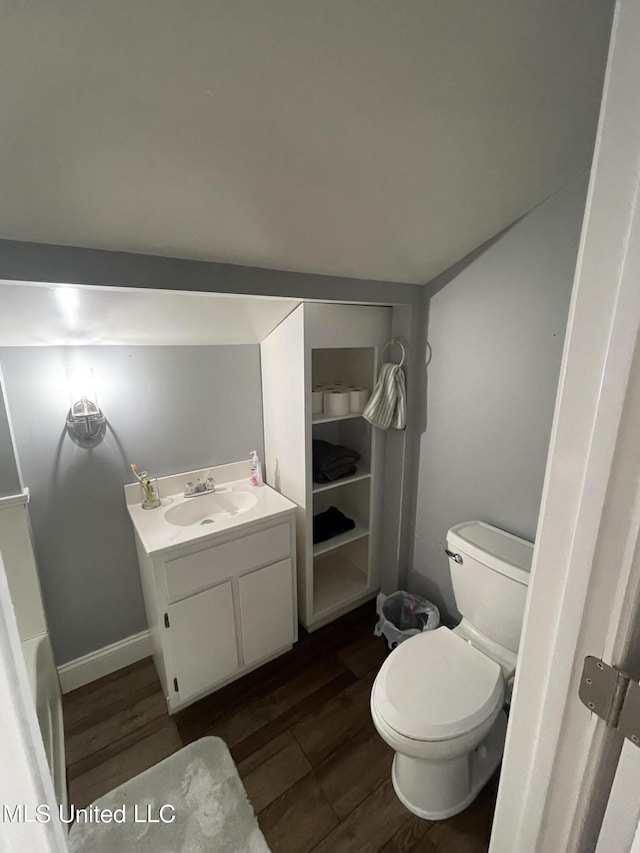 bathroom featuring wood finished floors, toilet, and vanity