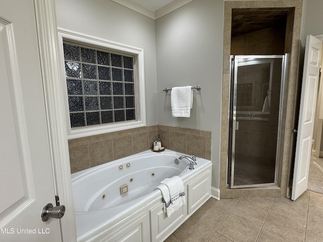 bathroom featuring crown molding, tile patterned floors, and shower with separate bathtub