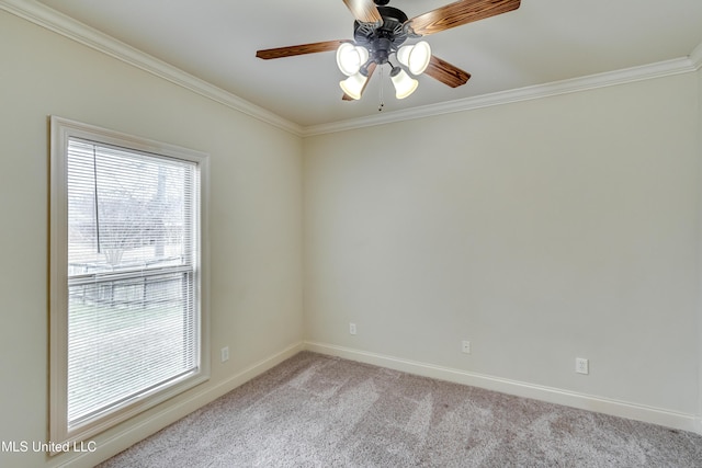 unfurnished room featuring light carpet, crown molding, and ceiling fan