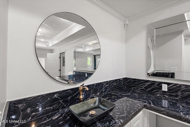 room details with vanity, crown molding, decorative backsplash, and a tray ceiling