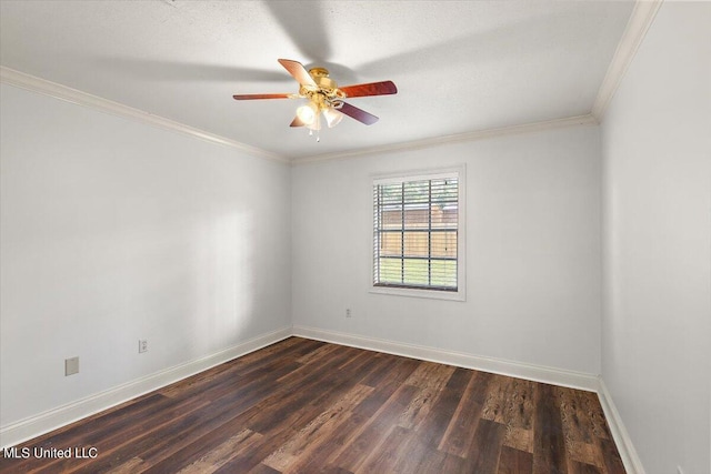 empty room featuring ornamental molding, a textured ceiling, dark hardwood / wood-style floors, and ceiling fan