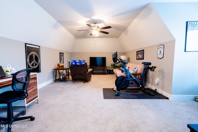 exercise room featuring ceiling fan, lofted ceiling, and carpet floors