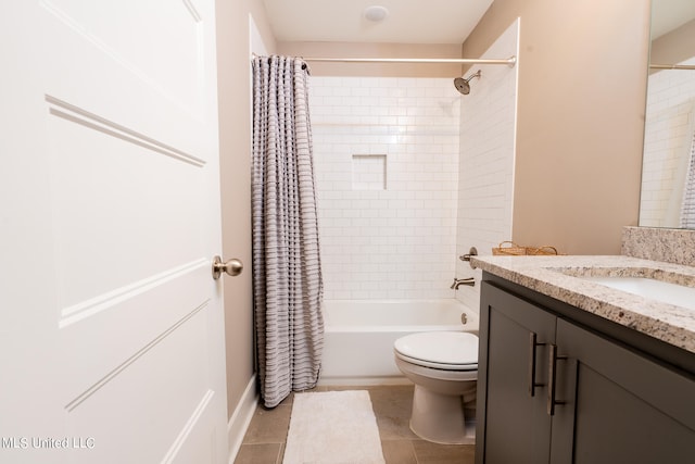 full bathroom featuring vanity, shower / bath combo, toilet, and tile patterned flooring