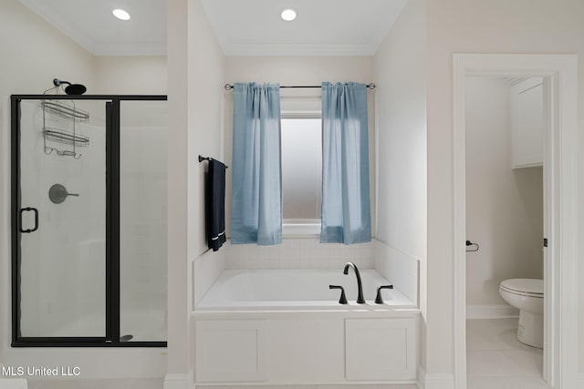 bathroom featuring toilet, plus walk in shower, and tile patterned flooring