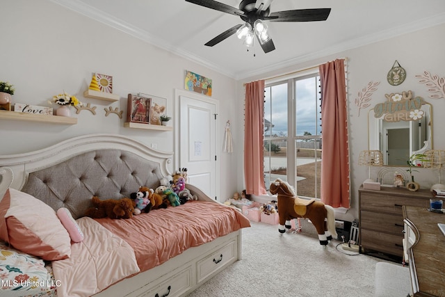 bedroom with ornamental molding, carpet floors, and ceiling fan