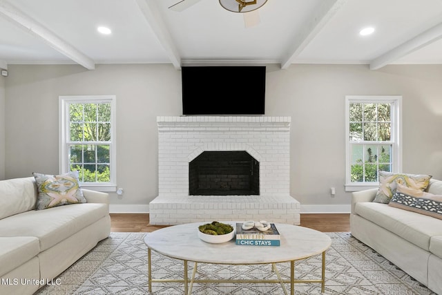 living area with a fireplace, baseboards, and wood finished floors