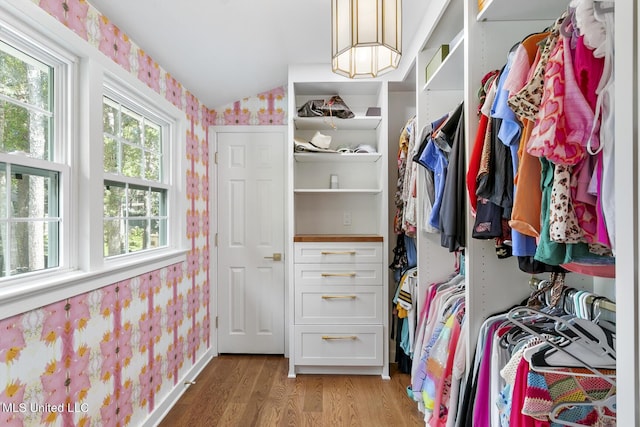 walk in closet featuring lofted ceiling and light wood-style flooring