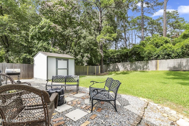 view of patio / terrace featuring a fenced backyard, a grill, a storage unit, and an outbuilding